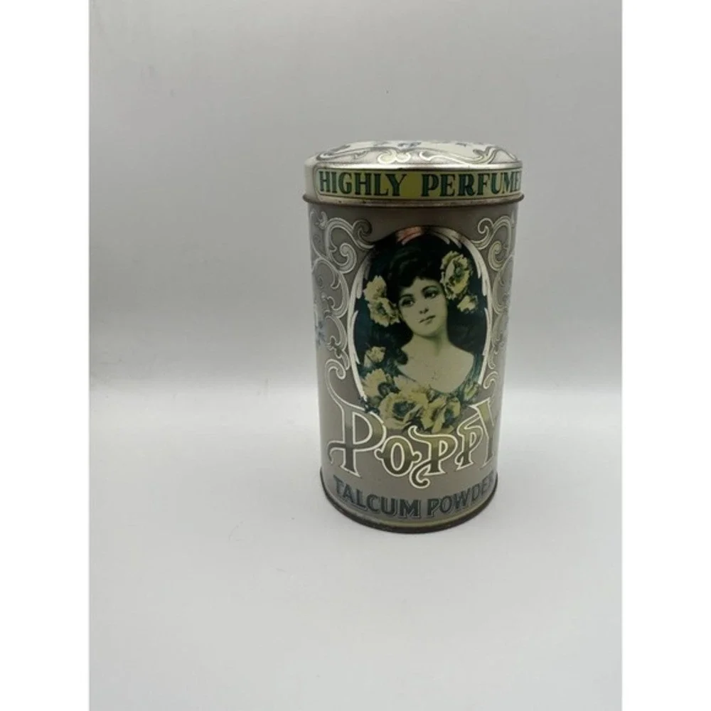 Vintage Poppy Talcum Powder Highly Perfumed Metal Tin Empty Made In England Blue
